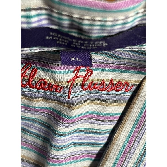 Alan Flusser Mens XL Shirt Striped with plaid Flip Cuff Button Up Long Sleeve - Picture 4 of 5